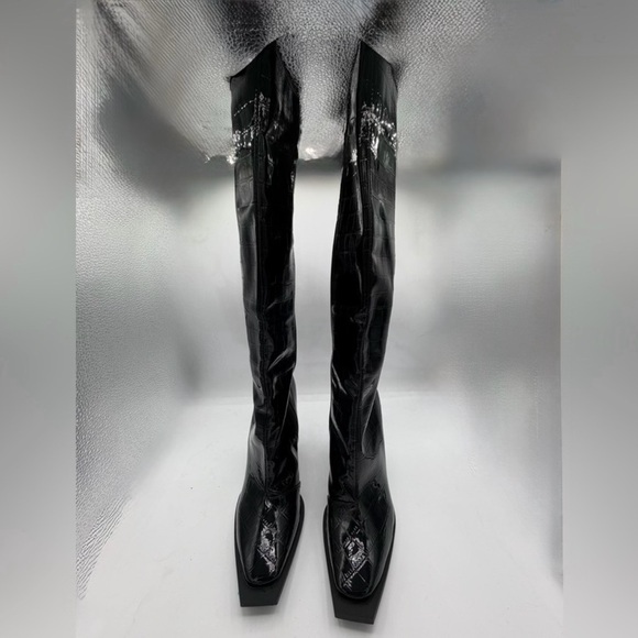 Princess Polly Black Croc Patent Knee High Boots Square Toe Block Heel Size 6 - Picture 3 of 9